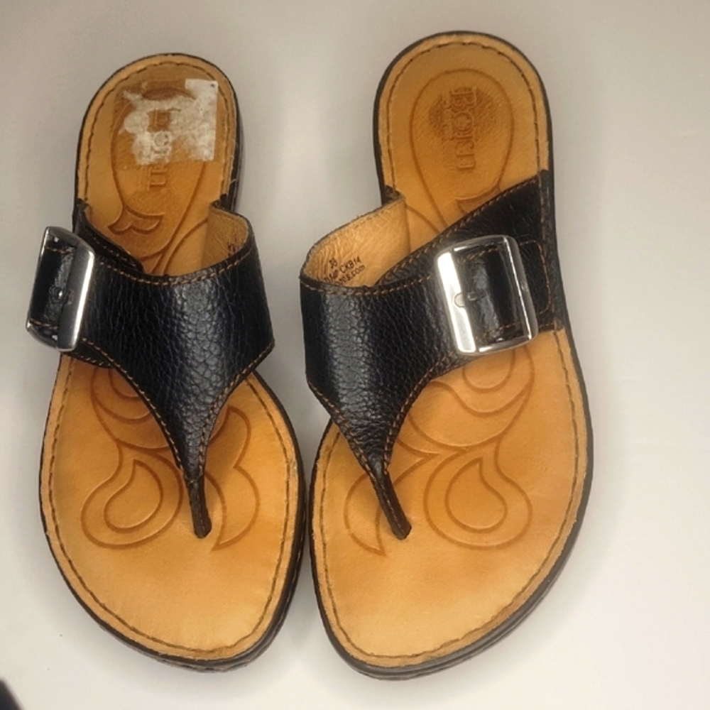 Born: Black and Tan Leather Slip-on Wedge, Women's Sandals #9